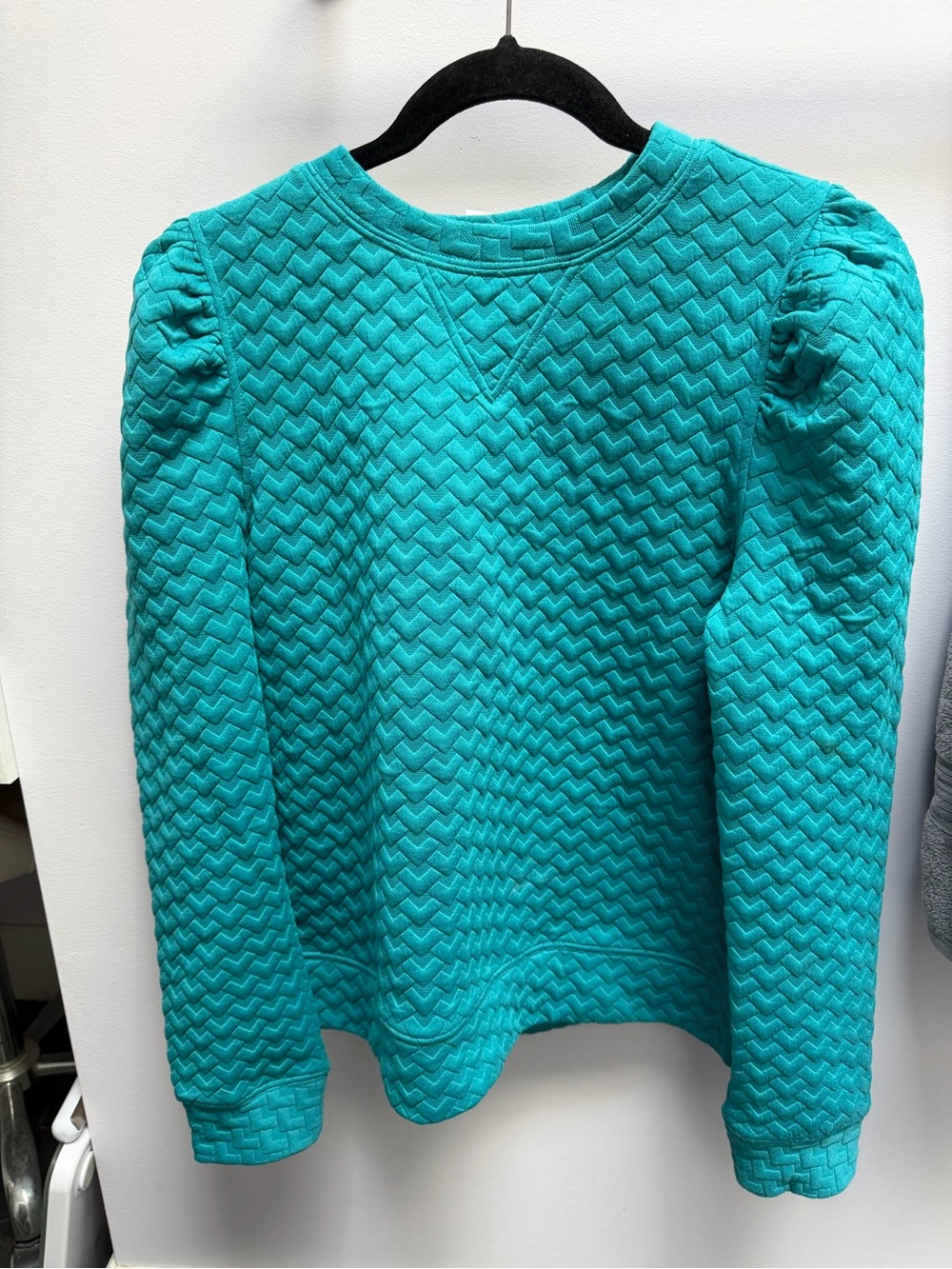 Fate Teal Quilted Puff-Sleeve Crewneck Sweater